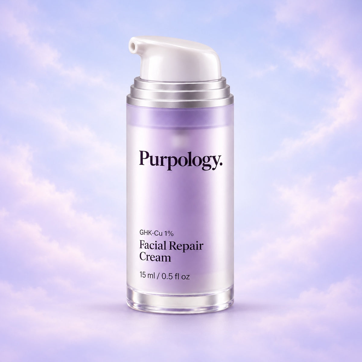 Full Purpology GHK-Cu 1% Facial Repair Cream 15 mL bottle with white pump and silver collar against soft lavender clouds.