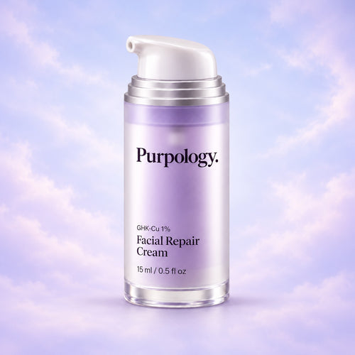 Full Purpology GHK-Cu 1% Facial Repair Cream 15 mL bottle with white pump and silver collar against soft lavender clouds.