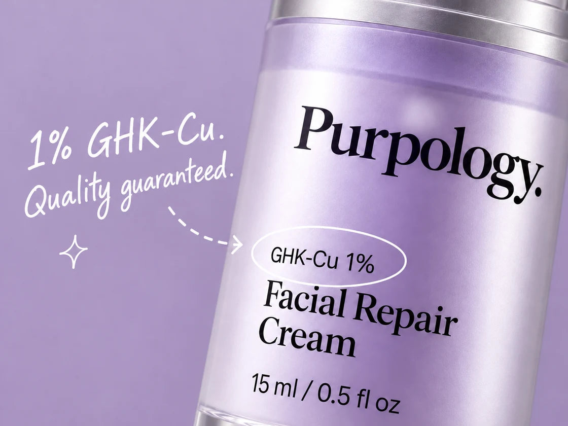 Close-up of the Purpology bottle with GHK-Cu 1% circled. White handwriting reads: 1% GHK-Cu. Quality guaranteed.