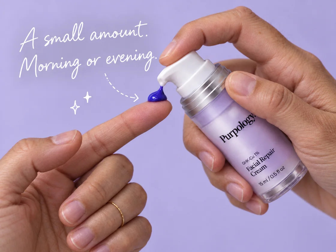 Illustration of hands dispensing a small amount of violet cream from a Purpology pump onto a fingertip. White handwriting reads: A small amount. Morning or evening.
